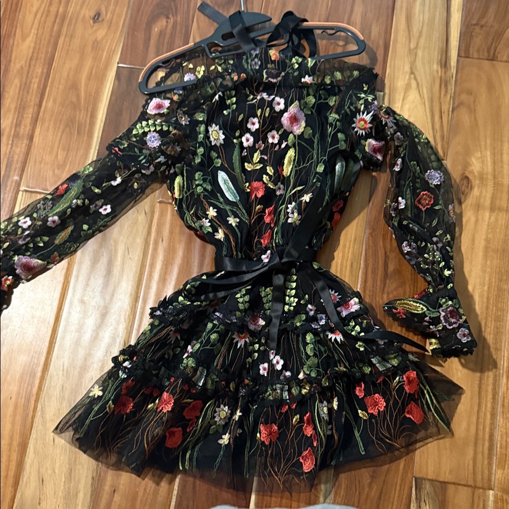 Alexis Black Floral Embroidered Long Sleeve Dress